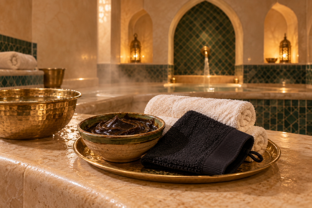 Savon noir, gant de kessa et serviettes dans un hammam marocain