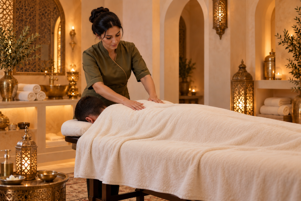 Homme recevant un massage des épaules, couvert d’une serviette dans un spa