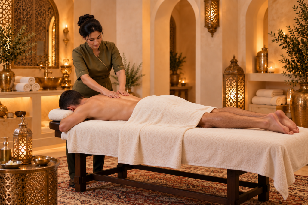 Homme recevant un massage du dos sur une table de spa