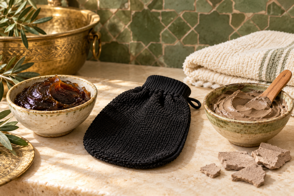 Savon noir, gant de kessa et ghassoul pour le rituel du hammam marocain