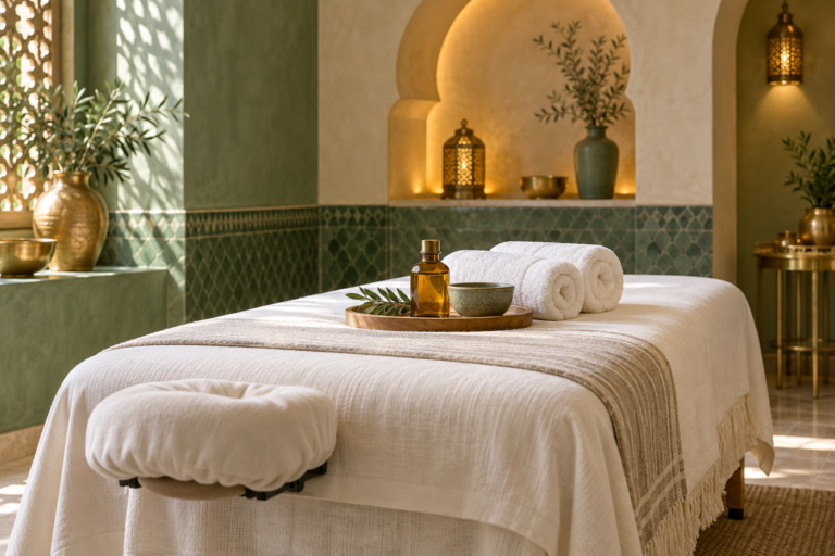 Table de massage avec serviettes et huile dans un décor de spa marocain