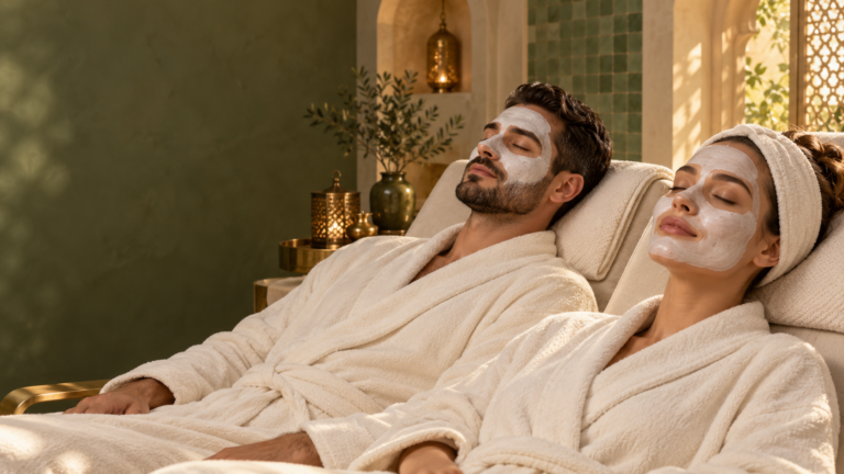 Homme et femme avec un masque de soin du visage dans un décor de spa marocain