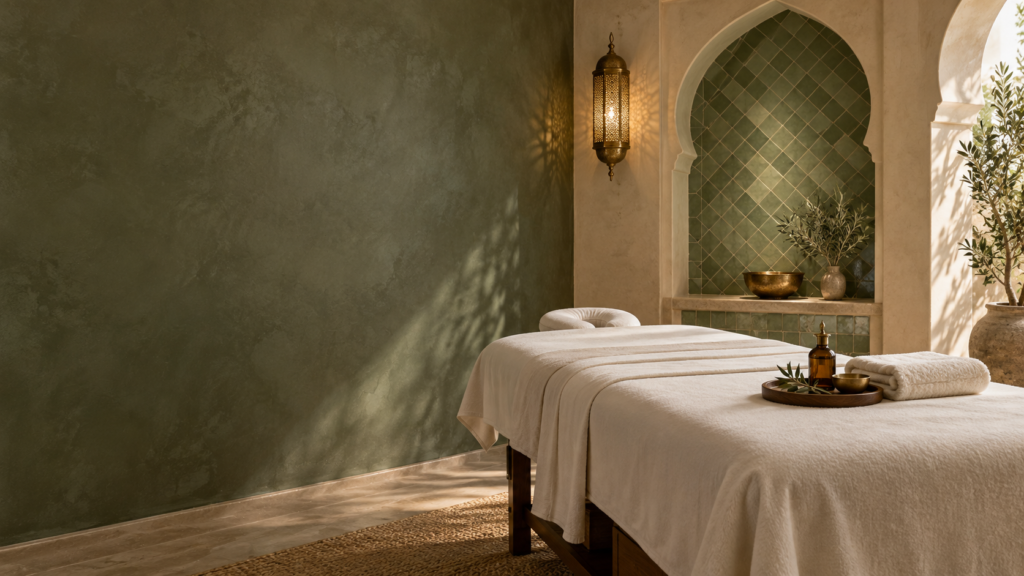 Table de massage avec serviettes et huile dans un décor marocain aux tons olive